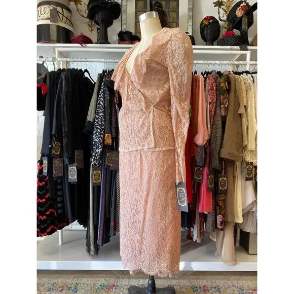vintage 1980s sheer pink lace suit 80s fashion puff shoulders wrap blouse skirt - Picture 5 of 10